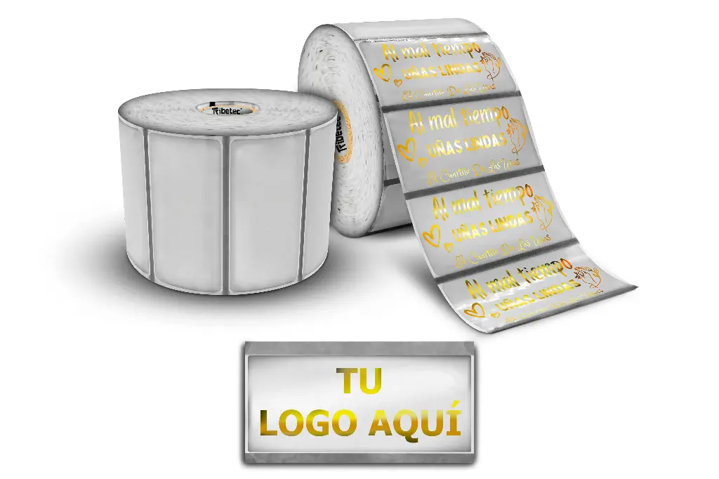 [MAQ100-76X38BT01-TRANSPARENTE-DORADO] Etiquetas Transparentes Personalizadas Impresión Negro Dorada y Plata 7.6x3.8 Cm (100, Dorado)