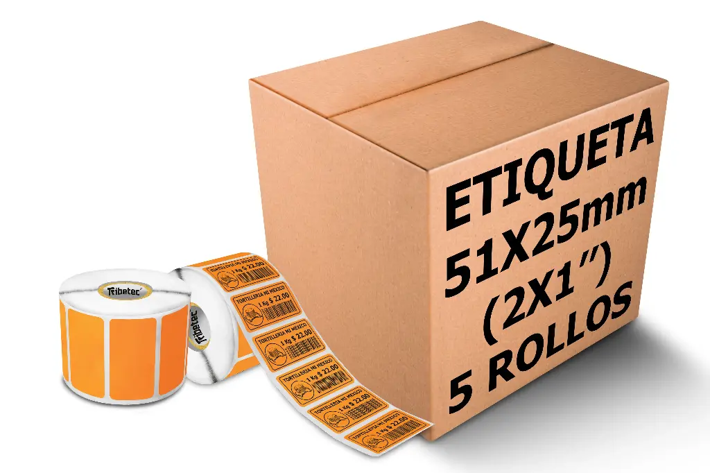 [PAQ144-51X25TD-NARANJA] Paquetes de Rollos Etiqueta 2x1 (51x25 Mm) Termica Directa Naranja Rollo 1,000 Pzs (144)