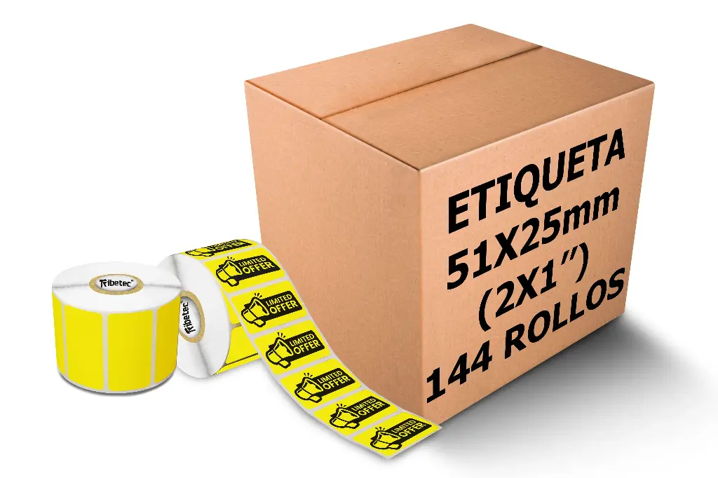 Paquetes de Rollos Etiqueta 2x1 (51x25 Mm) Termica Directa Amarilla Rollo 1,000 Pzs