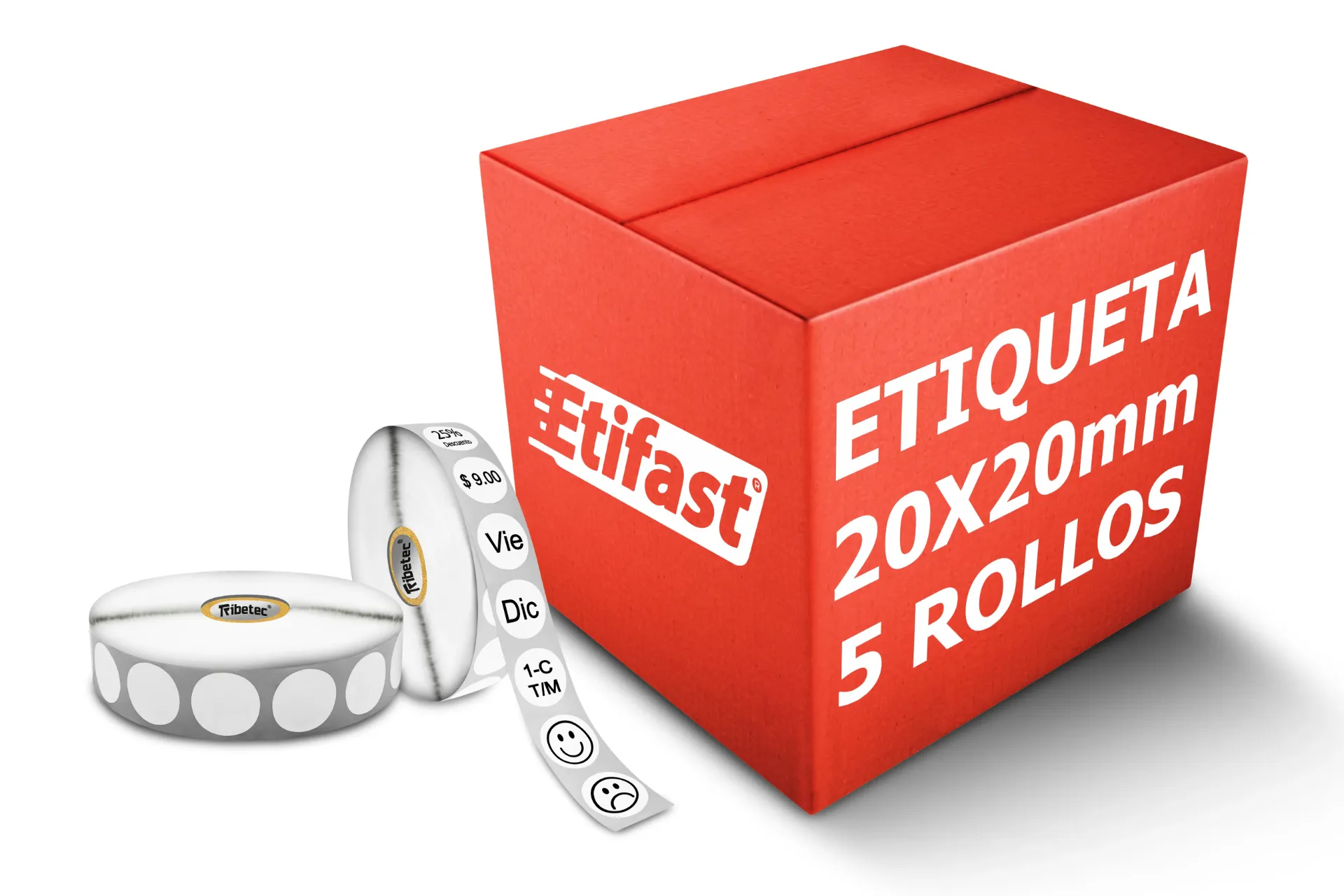 [PAQ5-20x20TDC13K-BLANCA-CIRCULAR] Paquete De Etiquetas Térmicas Circulares de Colores de  20x20 mm  Rollo de 3,000 Pzs C1 (5, Blanco)