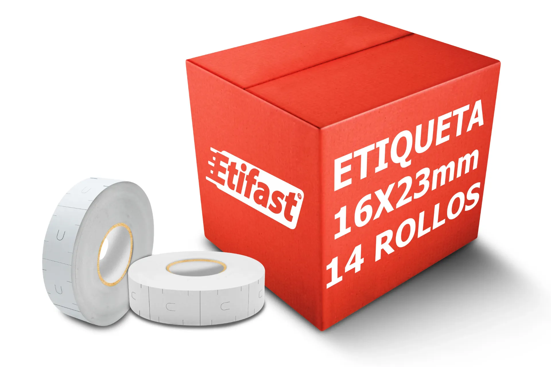 [PAQ14-16X23-BD-BLANCO] Paquetes De Rollos 16x23 mm para etiquetadora 2 líneas 10 dígitos colores (Blanco, 14)