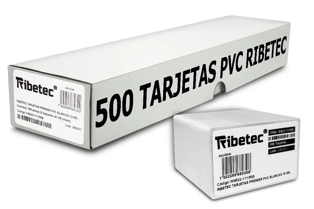 [104523-111/RIB] Caja de 500 Tarjetas de Plastico Pvc Cr80 Marca Ribetec