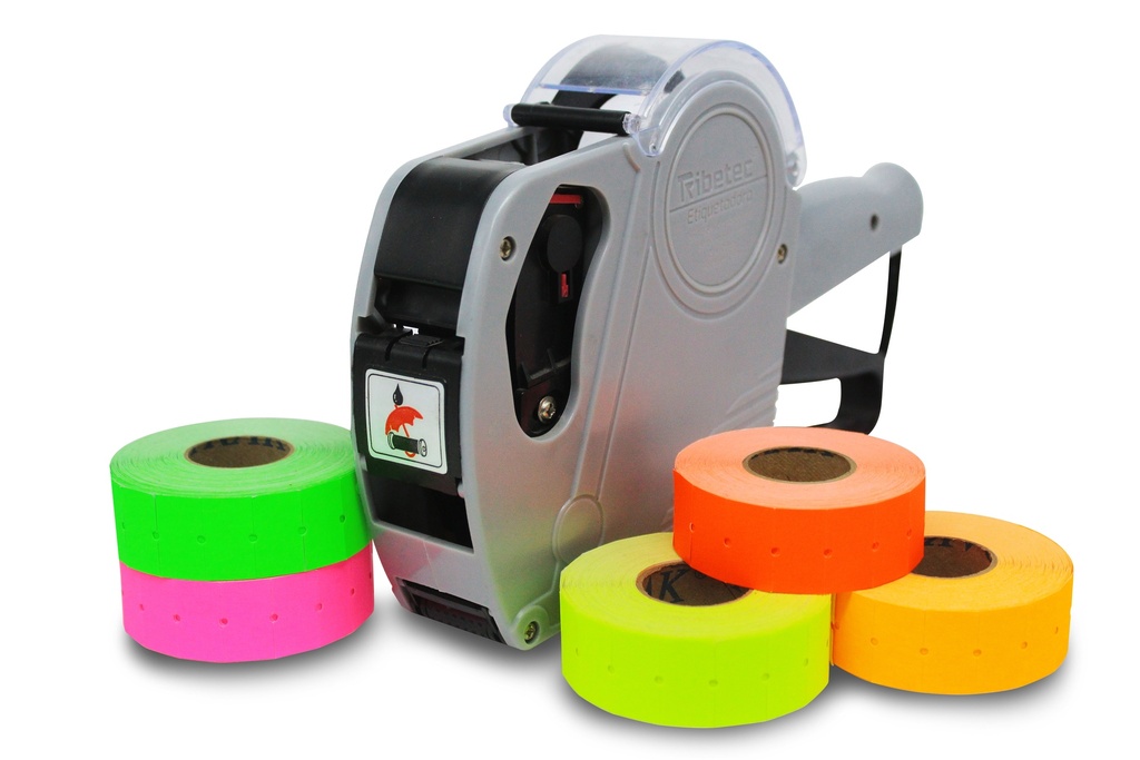 [KIT-5500EOS-ROLLOS COLORES Y RODILLOS] Kit Etiquetadora 10 Rollos 21x12 Colores + 3 Rodillos Tinta