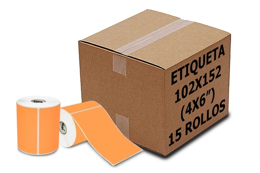 [PAQ15-102X152TDC11.5K-NARANJA] 15 Rollos Etiqueta Térmica Naranja 4x6 (102x152 Mm) 300 Pzs C/u 